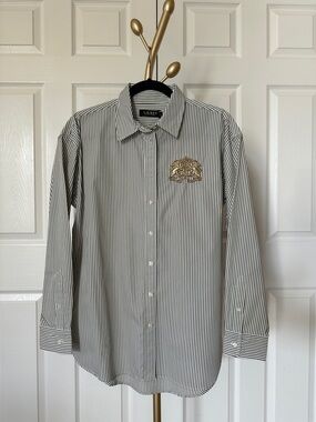 NWT Lauren Ralph Lauren Oxford dress blouse w/ crest green and white stripe M